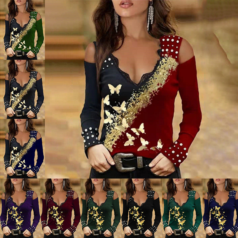 Lace Bronzing Butterfly Print Off-the-shoulder Long-sleeved Pullover T-shirt Women