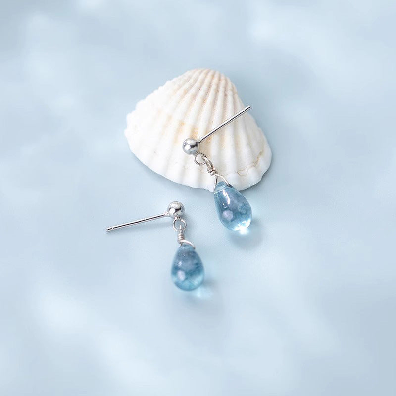 S925 Sterling Silver Blue Water-drop Glass Stud Earrings For Women