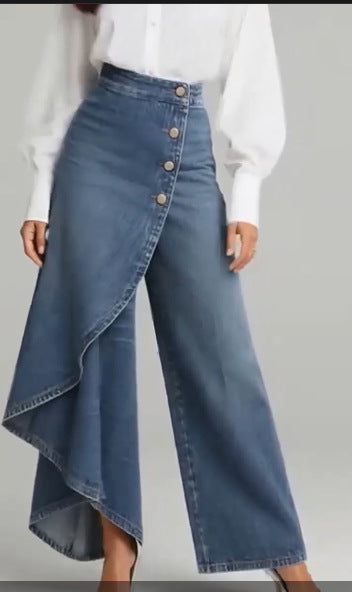 Unique Straight-leg Pants Fashion Large Ruffled Buttons Trousers Women's Faux Jeans Clothing