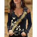 Lace Bronzing Butterfly Print Off-the-shoulder Long-sleeved Pullover T-shirt Women