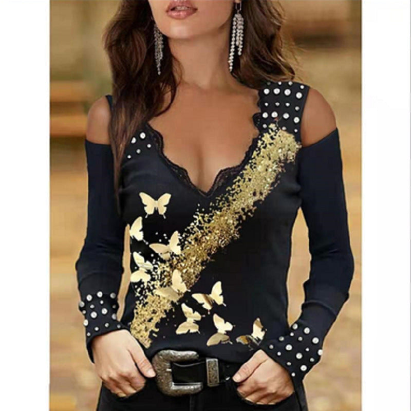 Lace Bronzing Butterfly Print Off-the-shoulder Long-sleeved Pullover T-shirt Women