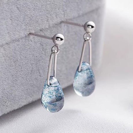 S925 Sterling Silver Blue Water-drop Glass Stud Earrings For Women