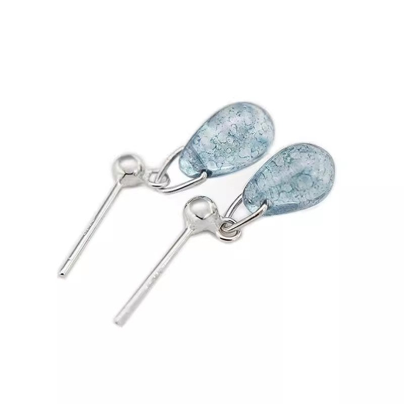 S925 Sterling Silver Blue Water-drop Glass Stud Earrings For Women