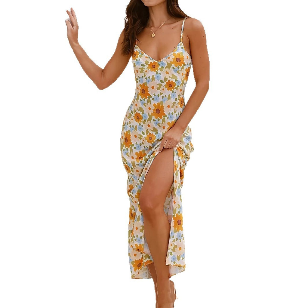 Womens Floral Dress With Thin Straps And A Slit