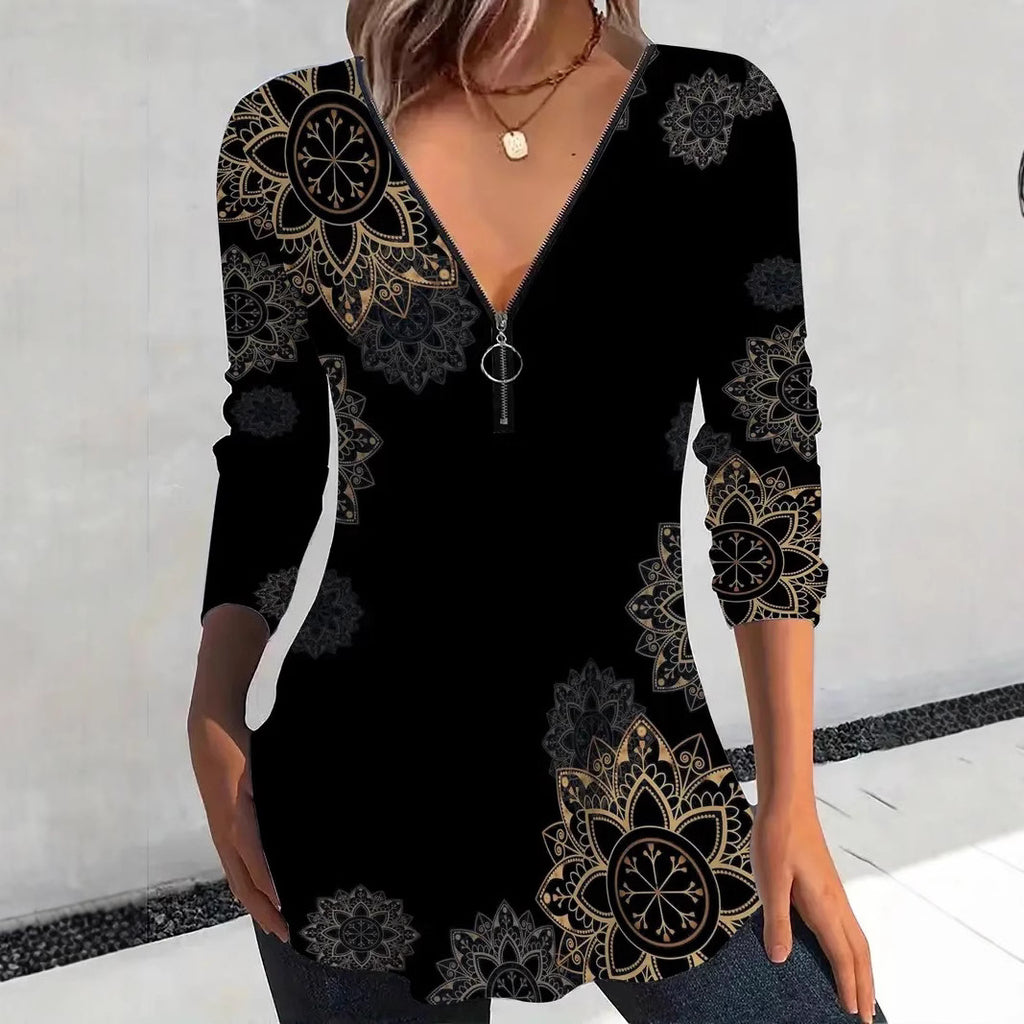 V-neck Zipper Floral Print Long Sleeve Women's Top