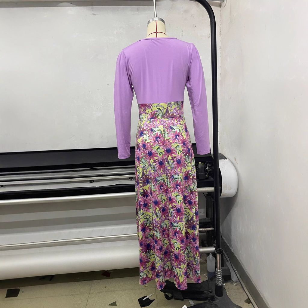 Womens Long-sleeve Crew-neck Printed Dress
