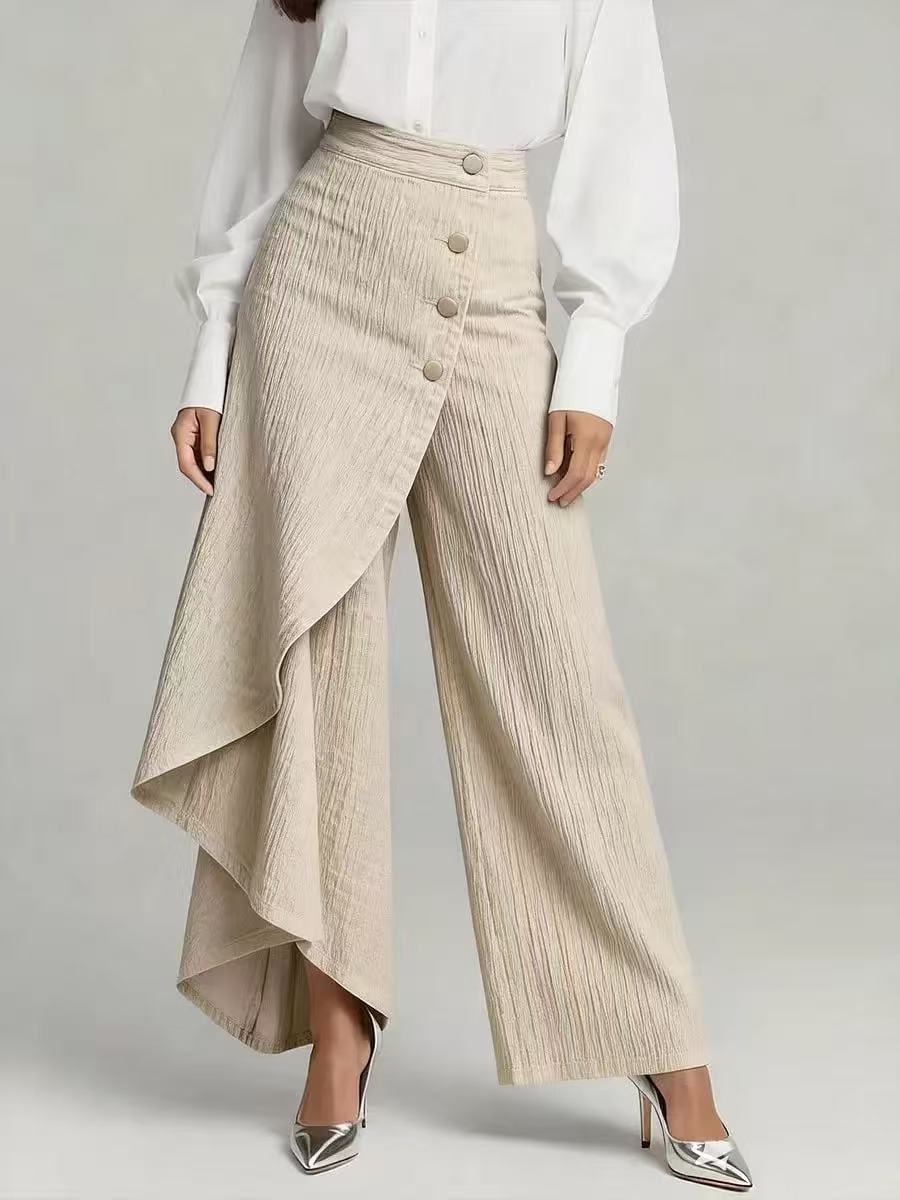 Unique Straight-leg Pants Fashion Large Ruffled Buttons Trousers Women's Faux Jeans Clothing