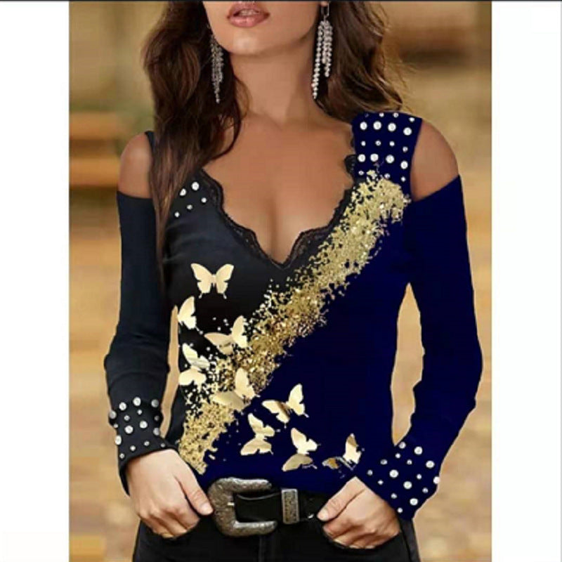 Lace Bronzing Butterfly Print Off-the-shoulder Long-sleeved Pullover T-shirt Women