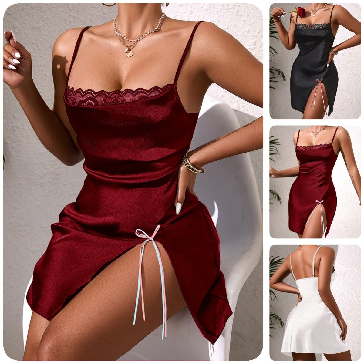 Satin Lace Slip Dress With A Side Slit