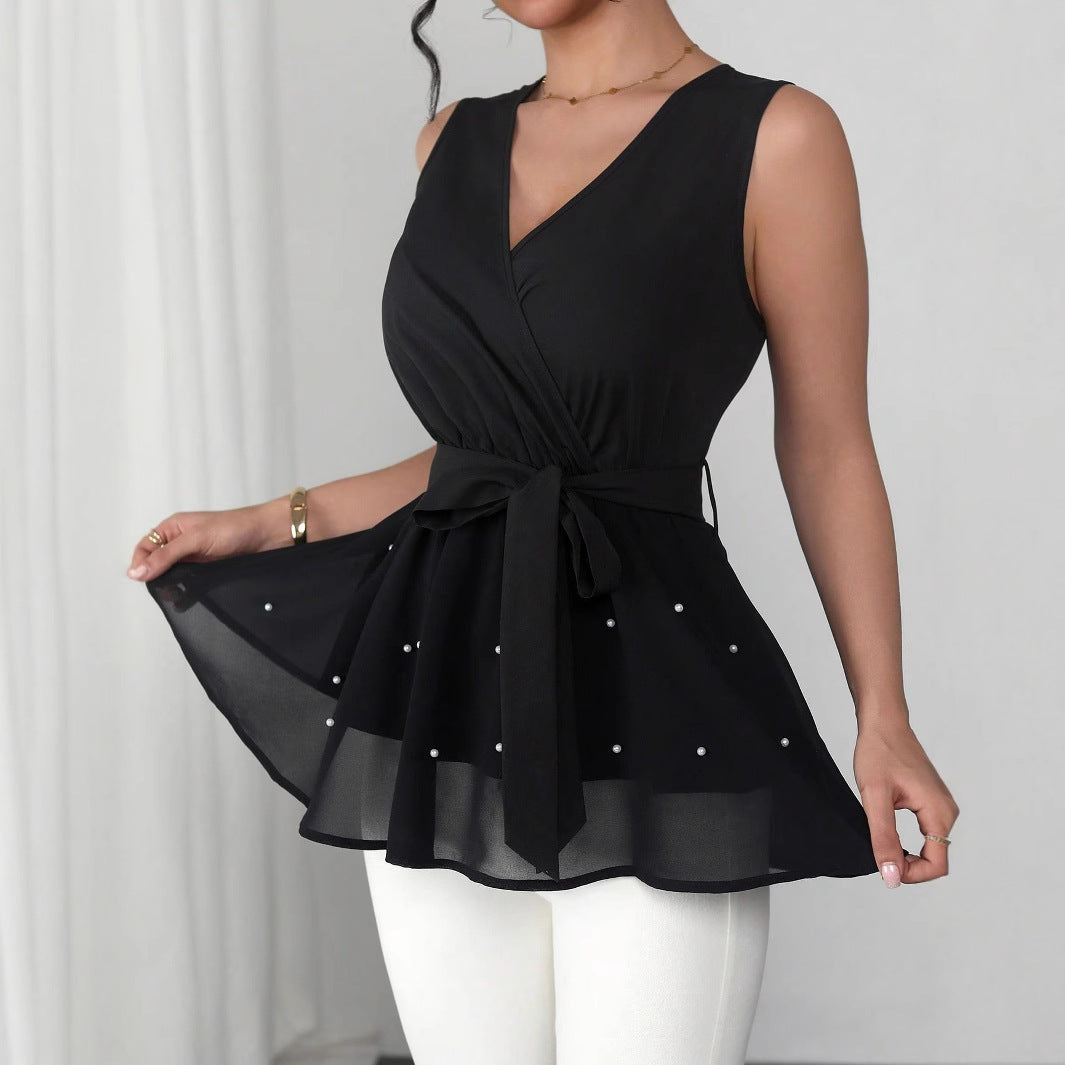 Women's New Lace-Up Beaded V-Neck Sleeveless Tank Top