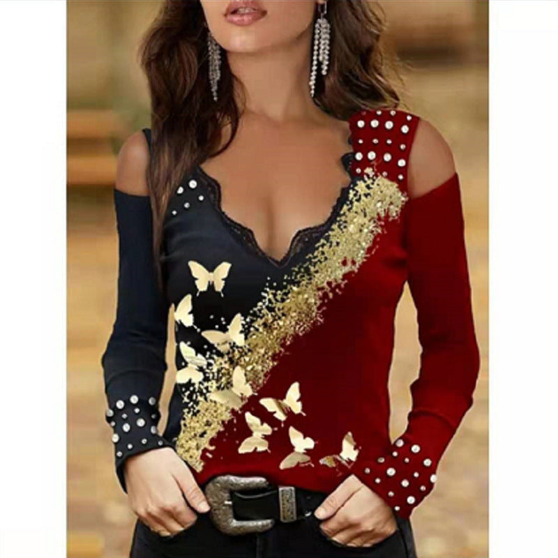 Lace Bronzing Butterfly Print Off-the-shoulder Long-sleeved Pullover T-shirt Women