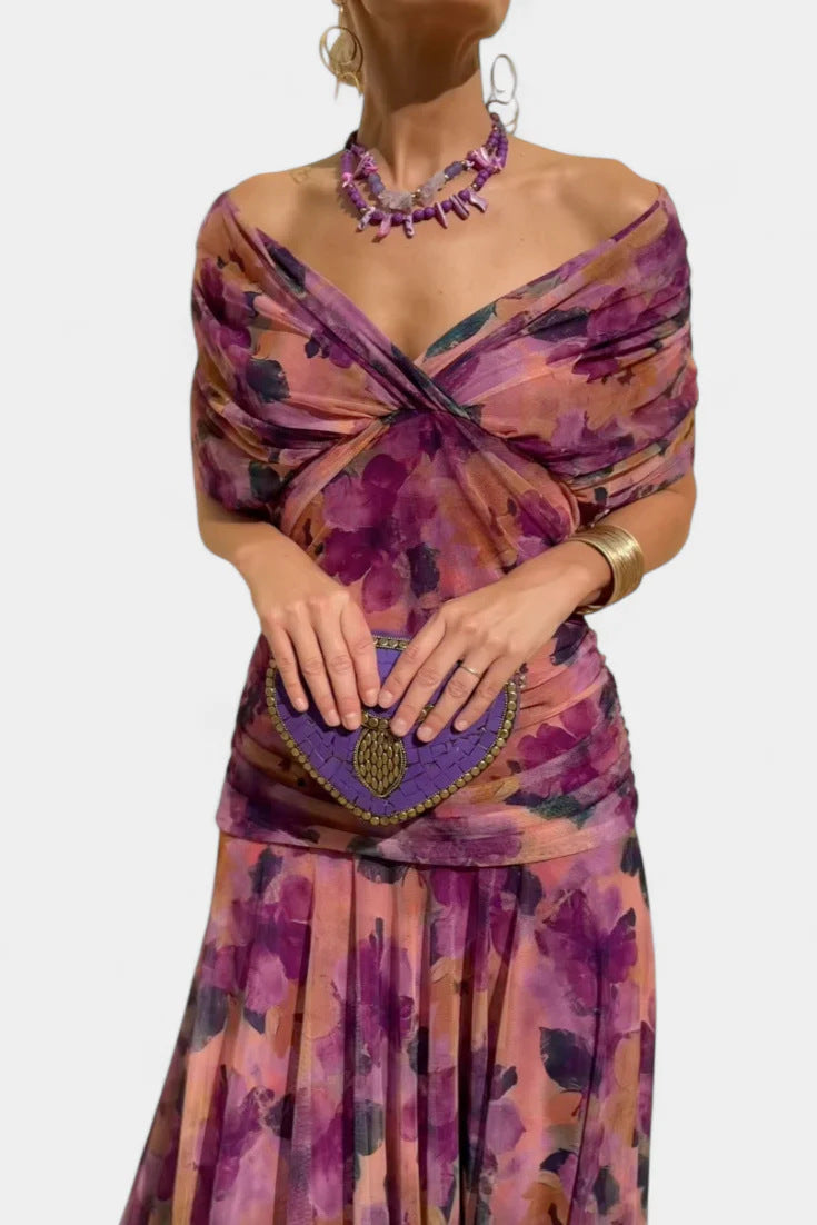 Chiffon Short-sleeved Dress Summer Fashion Print V-neck Long Dress, Women's Clothing